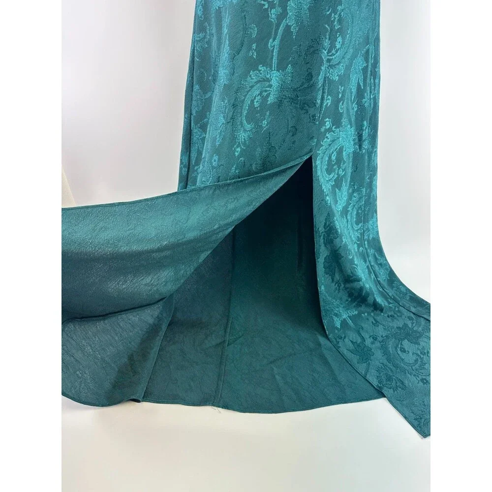 Victorias Secret Gold Label Emerald Green Satin Maxi Slip Gown Floral Jacquard L